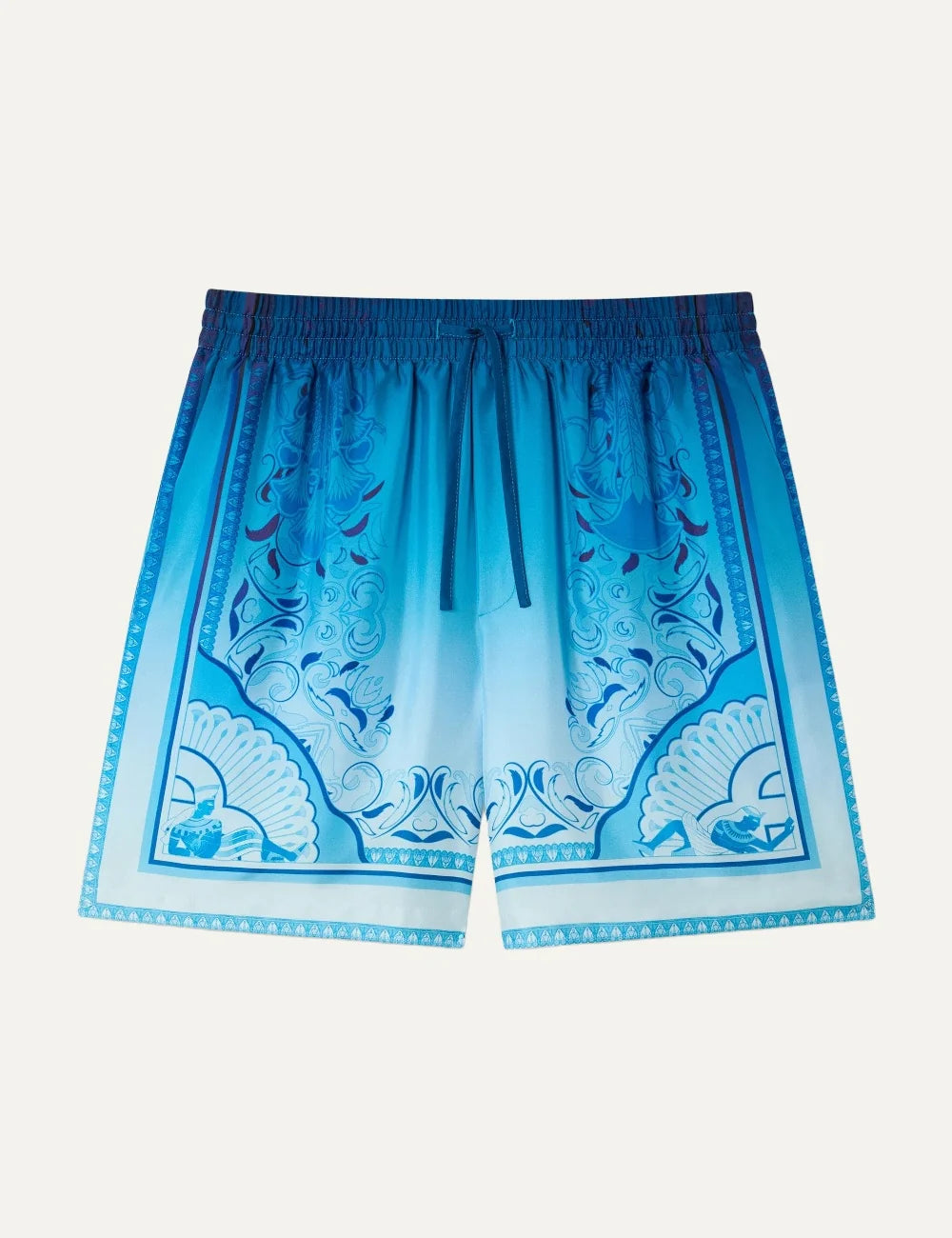 Casablanca men's blue silk shorts with Egyptian-inspired geometric print