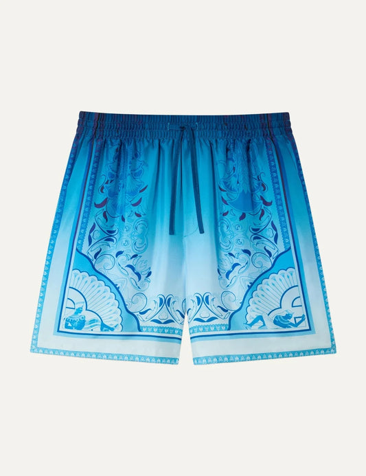 Casablanca men's blue silk shorts with Egyptian-inspired geometric print