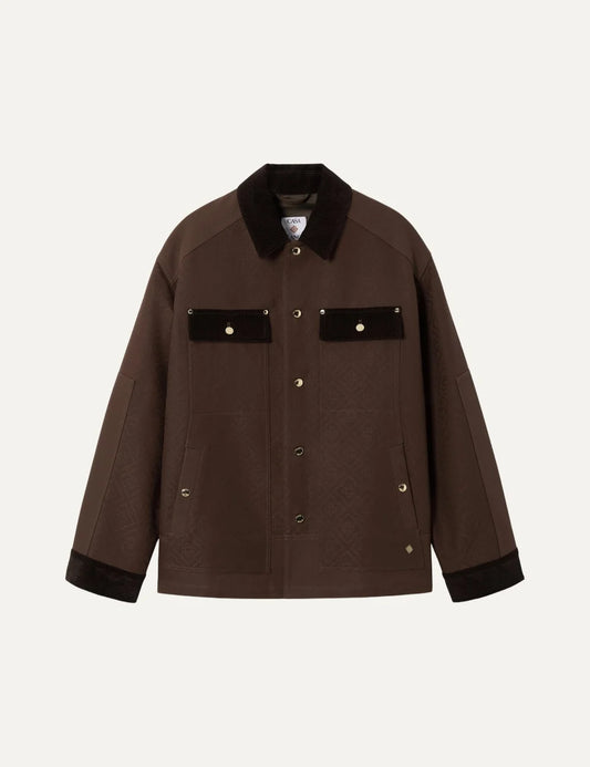 Casablanca men's dark brown cotton monogram workwear safari jacket with contrast corduroy collar and cuffs, gold buttons and front patch pockets.