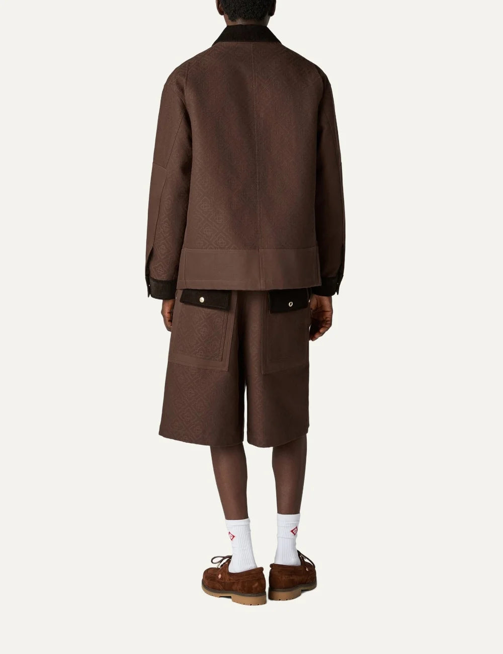 Casablanca men's dark brown cotton monogram workwear safari jacket with contrast corduroy collar and cuffs, gold buttons and front patch pockets back