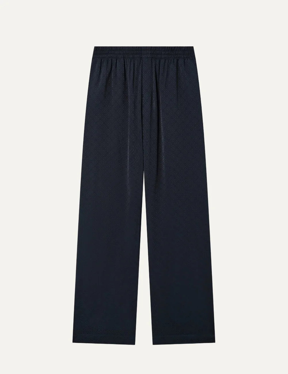 Casablanca men's dark navy monogram viscose trousers with tonal interlocking CC pattern, elastic waistband and straight legs.