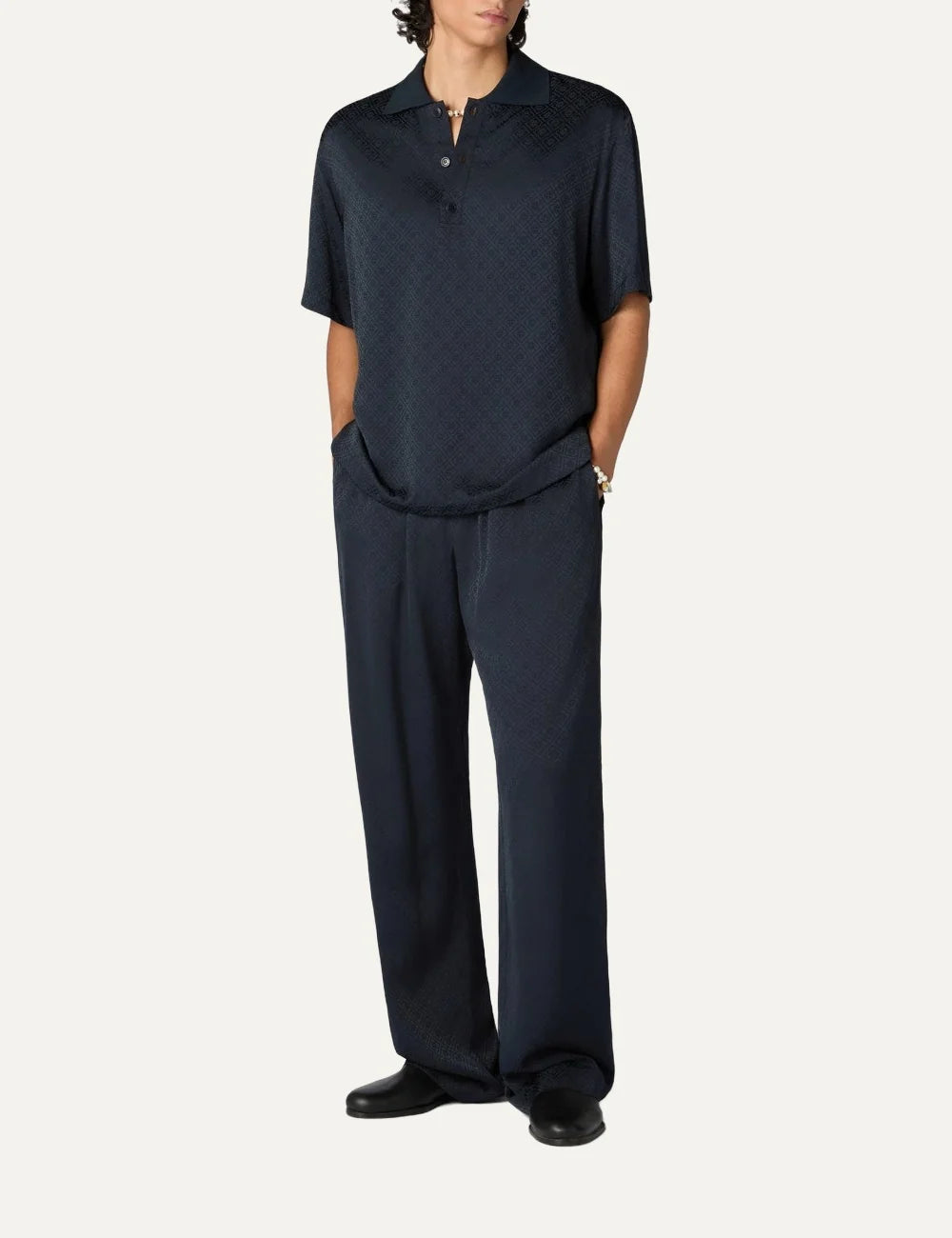 Casablanca men's dark navy monogram viscose trousers with tonal interlocking CC pattern, elastic waistband and straight legs full body