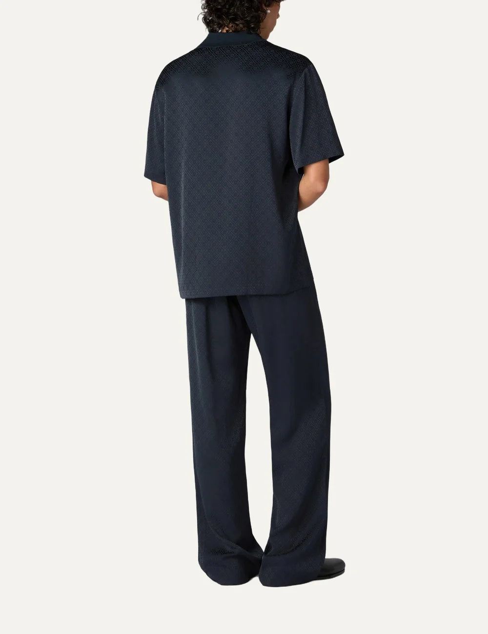 Casablanca men's dark navy monogram viscose trousers with tonal interlocking CC pattern, elastic waistband and straight legs back