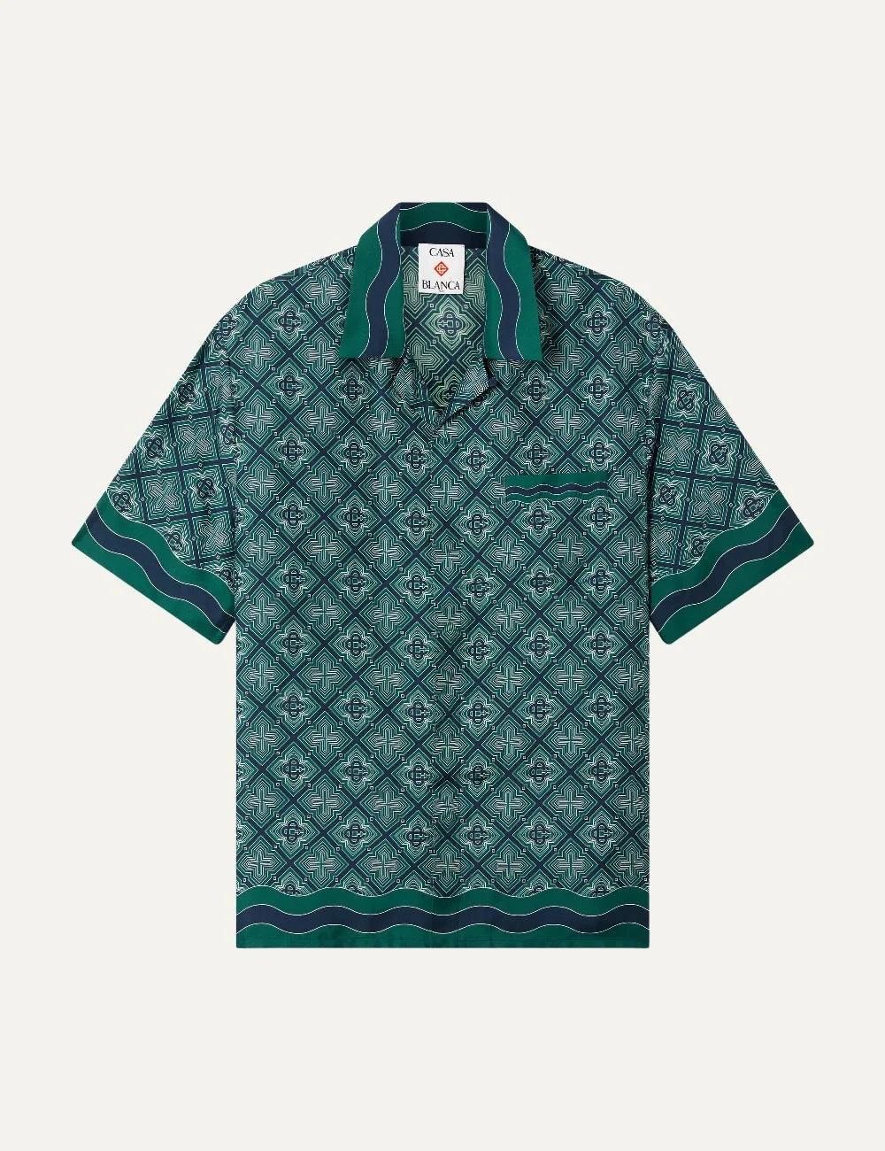 Casablanca men's green silk shirt with Radiating Monogram print