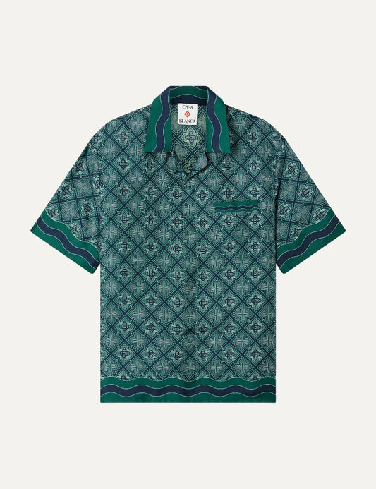 Casablanca men's green silk shirt with Radiating Monogram print
