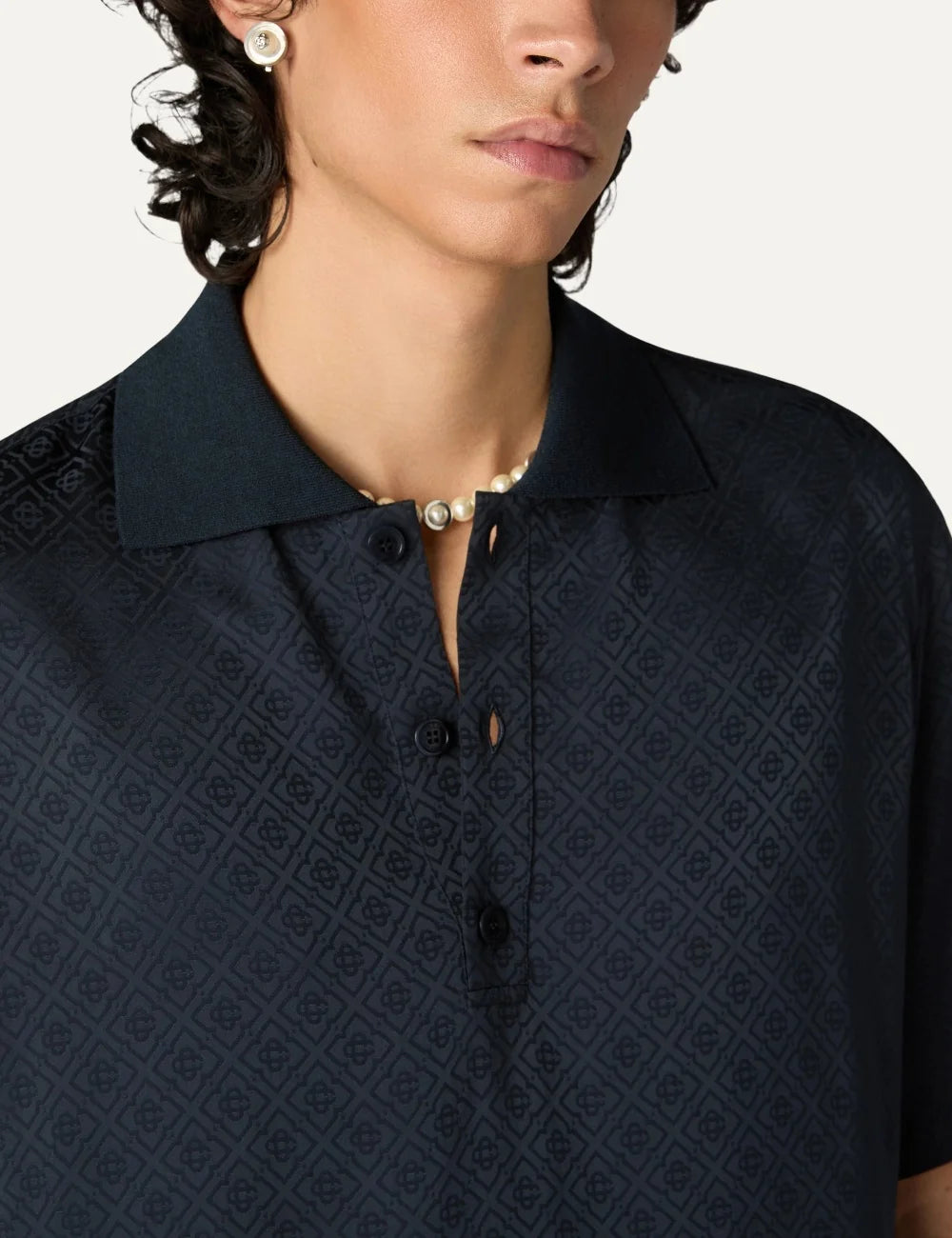 Casablanca men's dark navy viscose polo shirt with monogram pattern detail