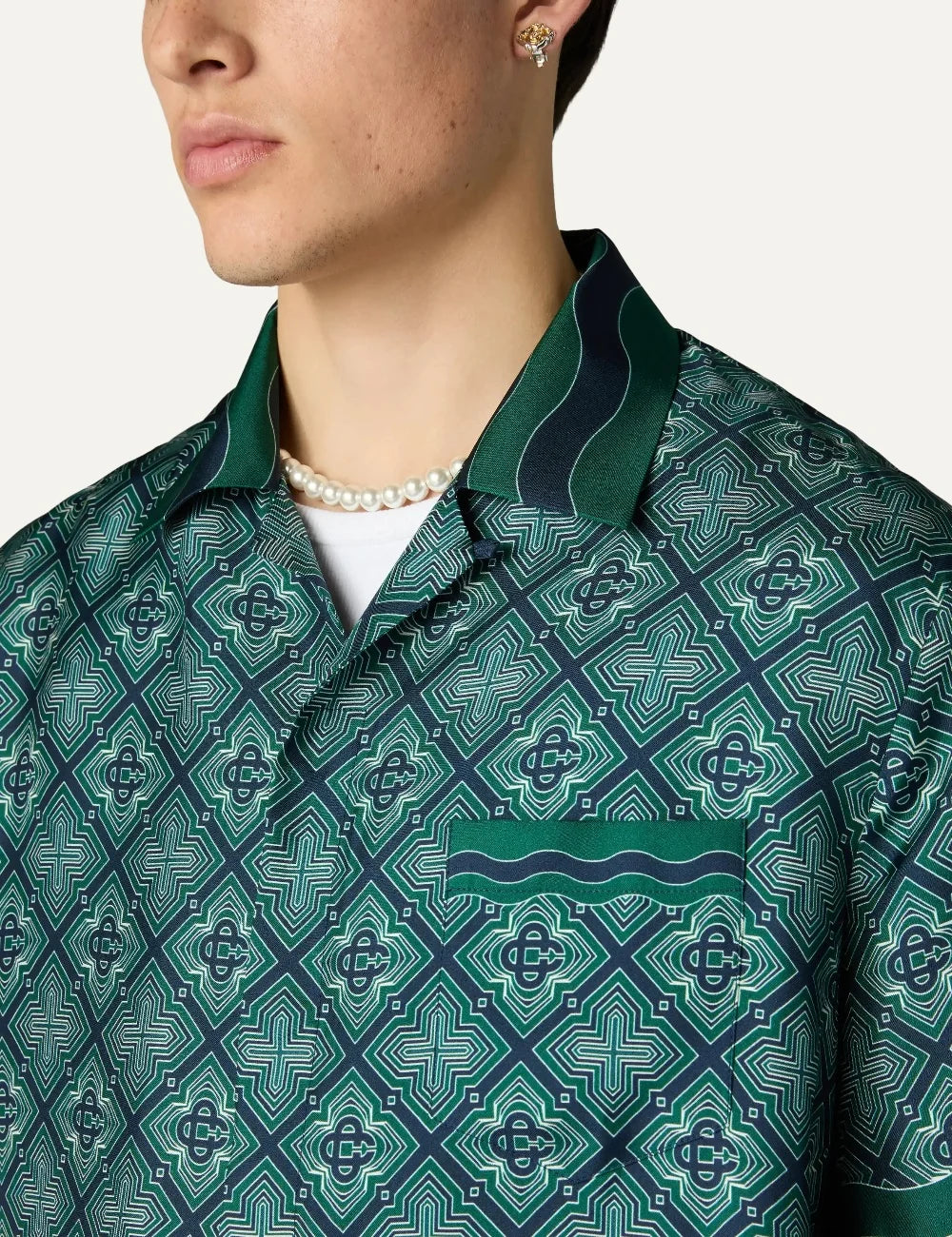 Casablanca men's green silk shirt with Radiating Monogram print detail