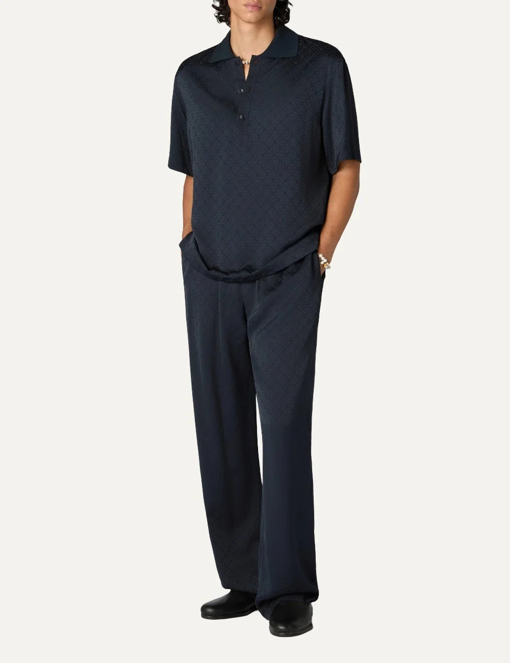 Casablanca men's dark navy viscose polo shirt with monogram pattern full body