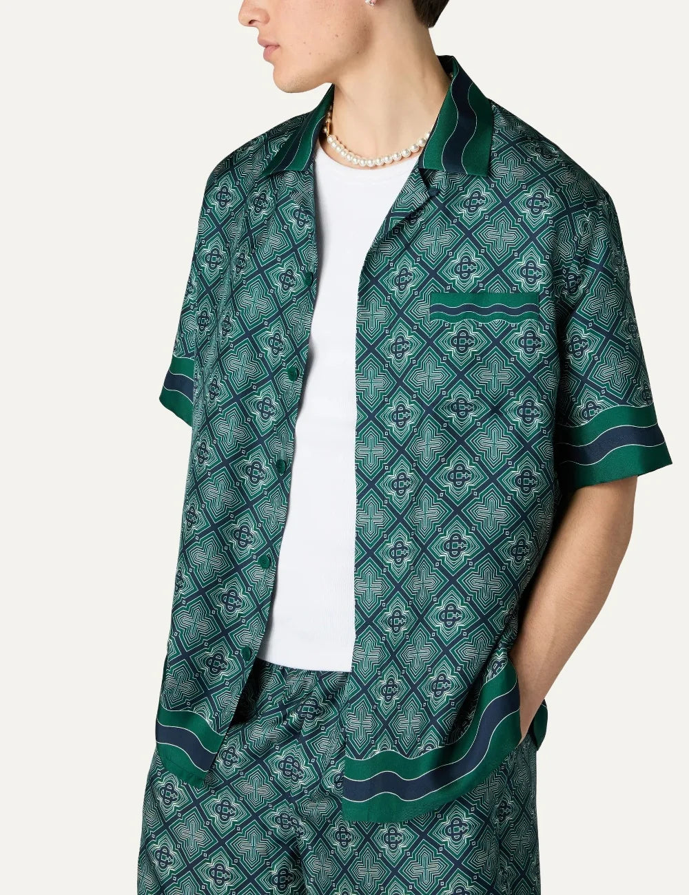 Casablanca men's green silk shirt with Radiating Monogram print full body