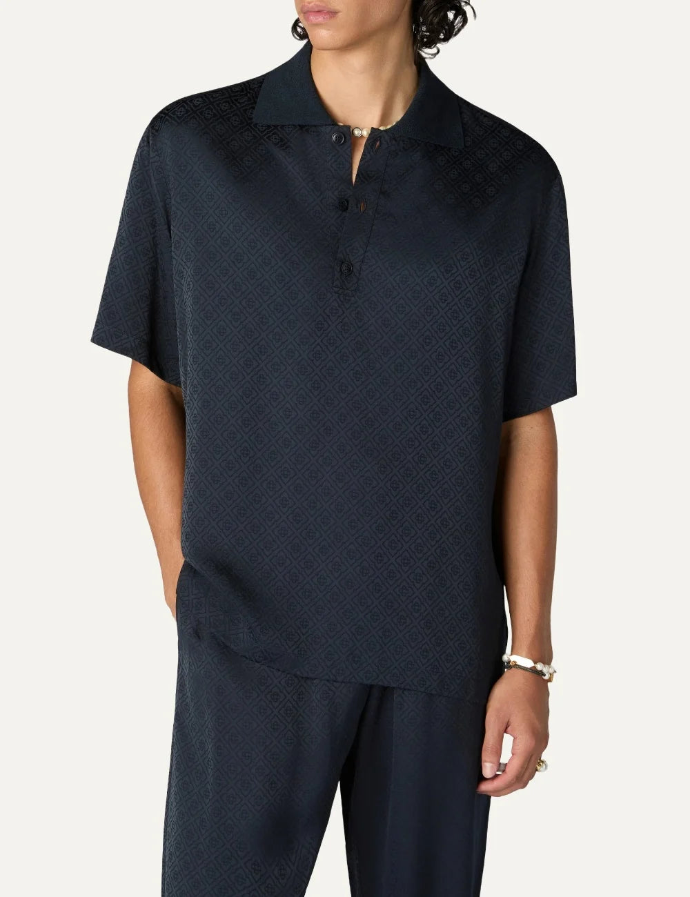 Casablanca men's dark navy viscose polo shirt with monogram pattern full body