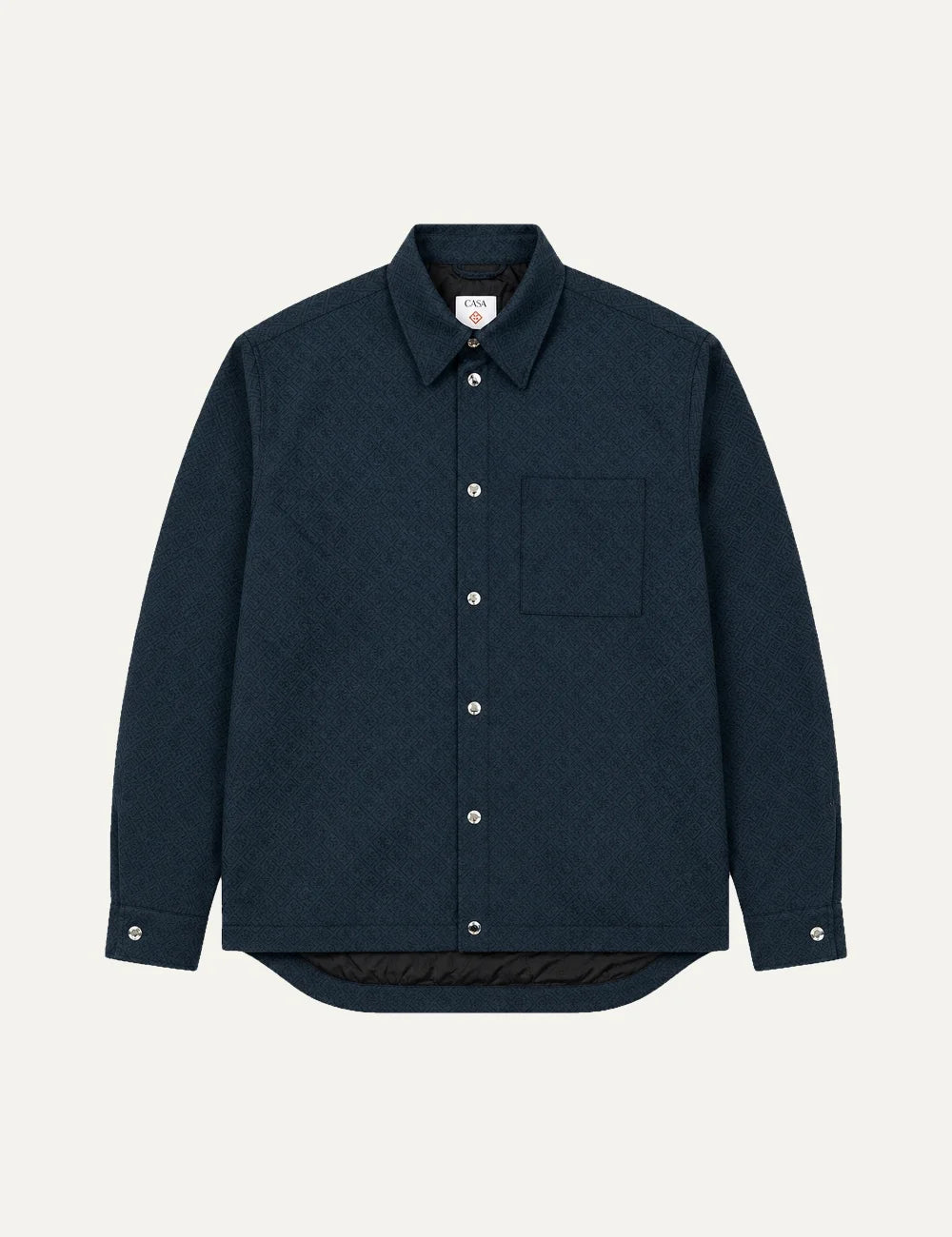 Casablanca men's dark teal quilted shirt with all-over geometric pattern, pointed collar, silver-tone snap buttons, long sleeves and chest pocket.