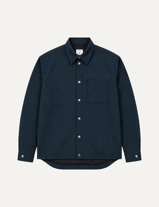 Casablanca men's dark teal quilted shirt with all-over geometric pattern, pointed collar, silver-tone snap buttons, long sleeves and chest pocket.