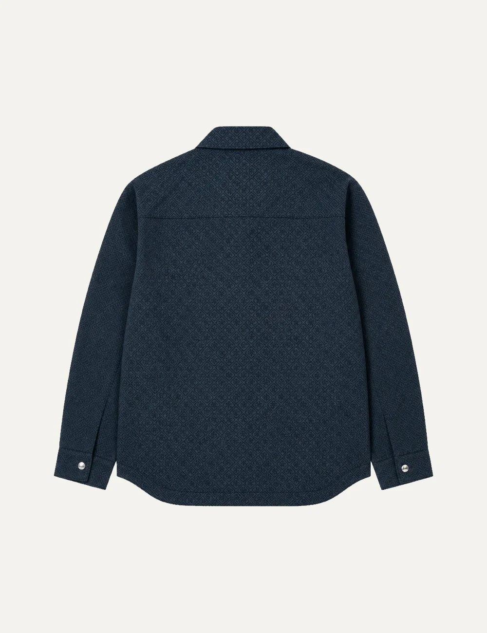 Casablanca men's dark teal quilted shirt with all-over geometric pattern, pointed collar, silver-tone snap buttons, long sleeves and chest pocket back