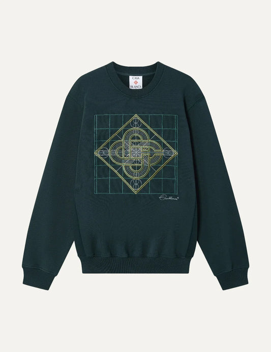 Casablanca men's dark teal organic cotton sweatshirt with geometric CC logo embroidery