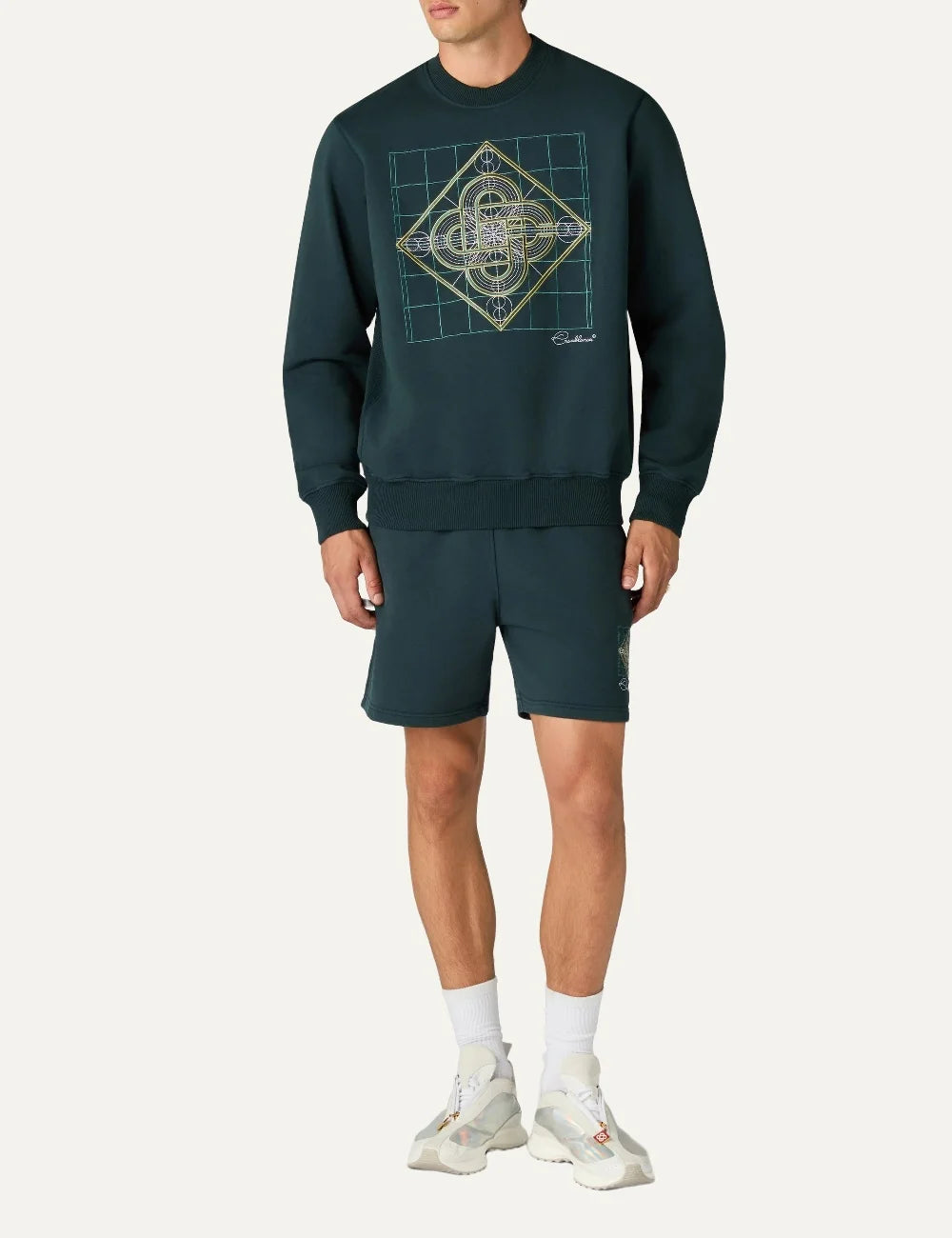 Casablanca men's dark teal organic cotton sweatshirt with geometric CC logo embroidery full body