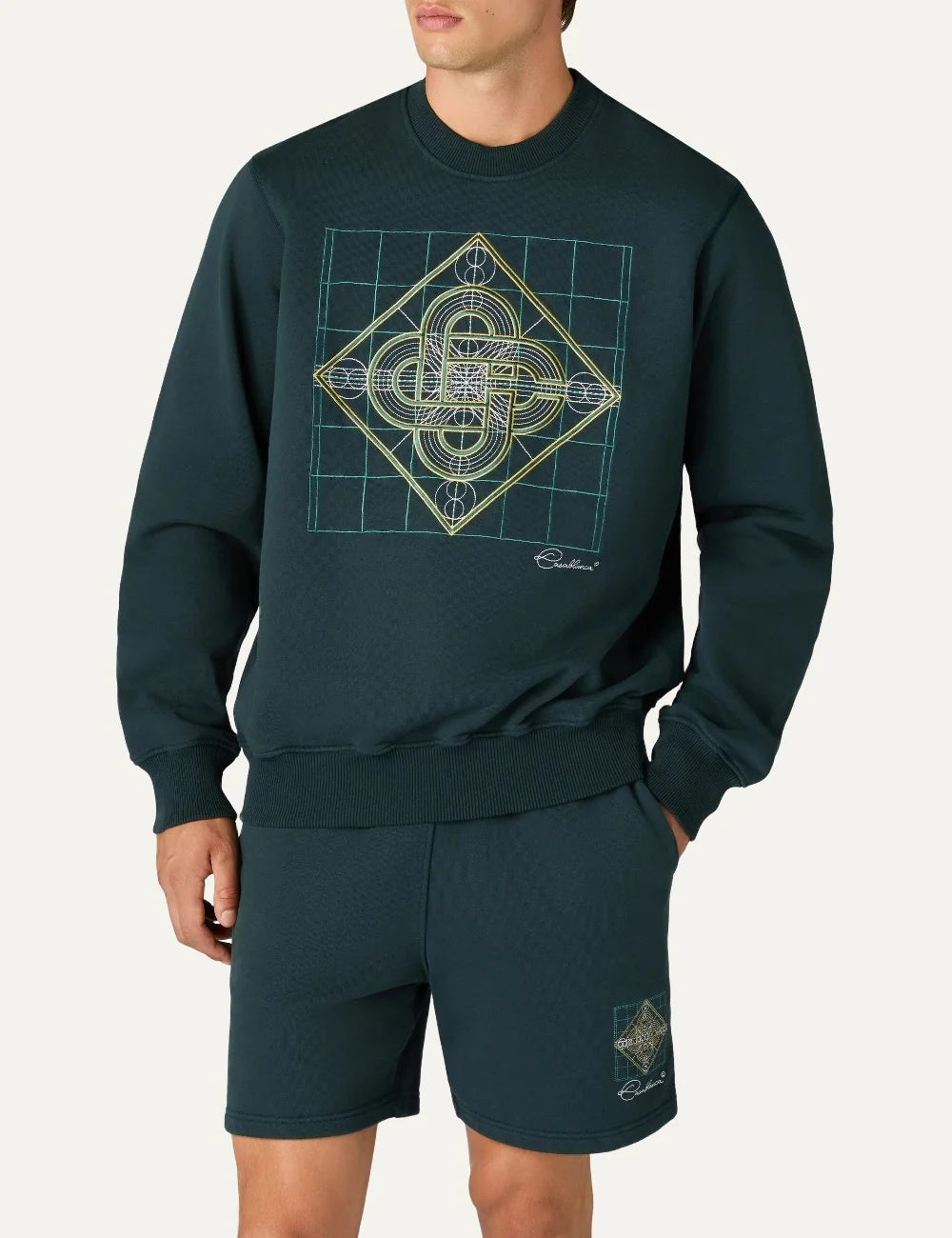 Casablanca men's dark teal organic cotton sweatshirt with geometric CC logo embroidery model