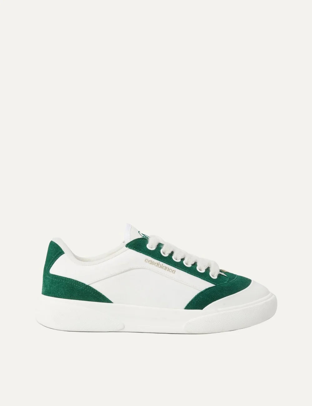 Casablanca Del Mar men's white and green low-top sneakers with green suede overlays, white laces, side logo, rubber toe cap and chunky white rubber sole.