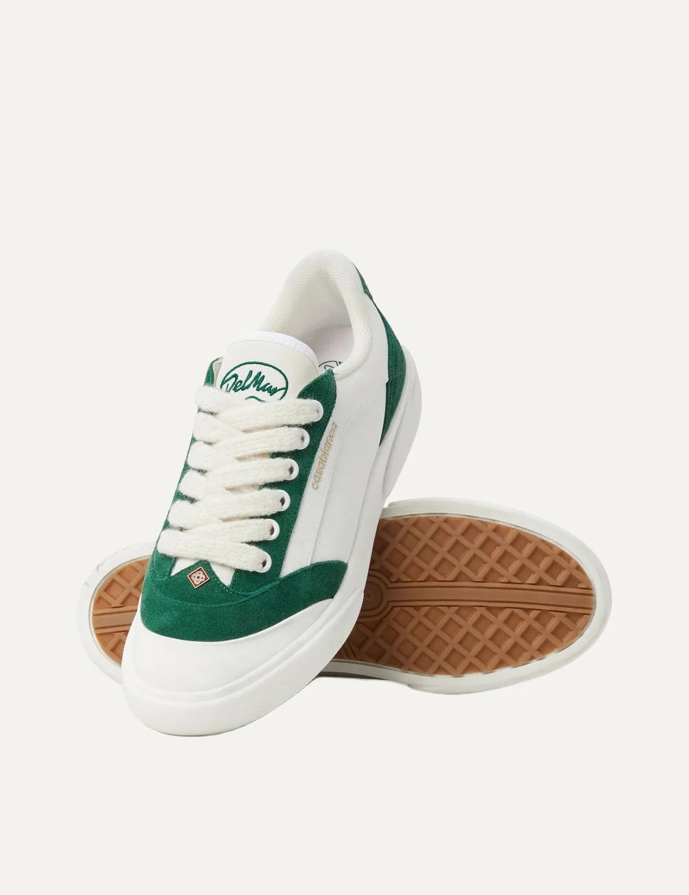 Casablanca Del Mar men's white and green low-top sneakers with green suede overlays, white laces, side logo, rubber toe cap and chunky white rubber sole detail