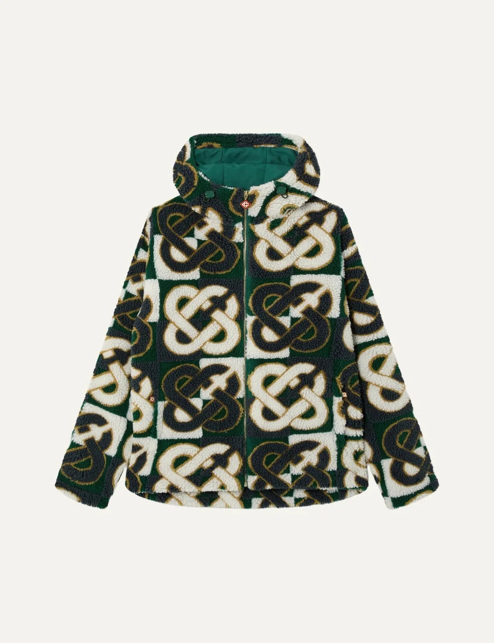 Casablanca men's green, navy and white hooded fleece jacket with oversized check monogram pattern, plush texture and front zip closure.