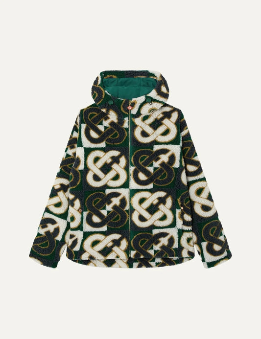 Casablanca men's green, navy and white hooded fleece jacket with oversized check monogram pattern, plush texture and front zip closure.