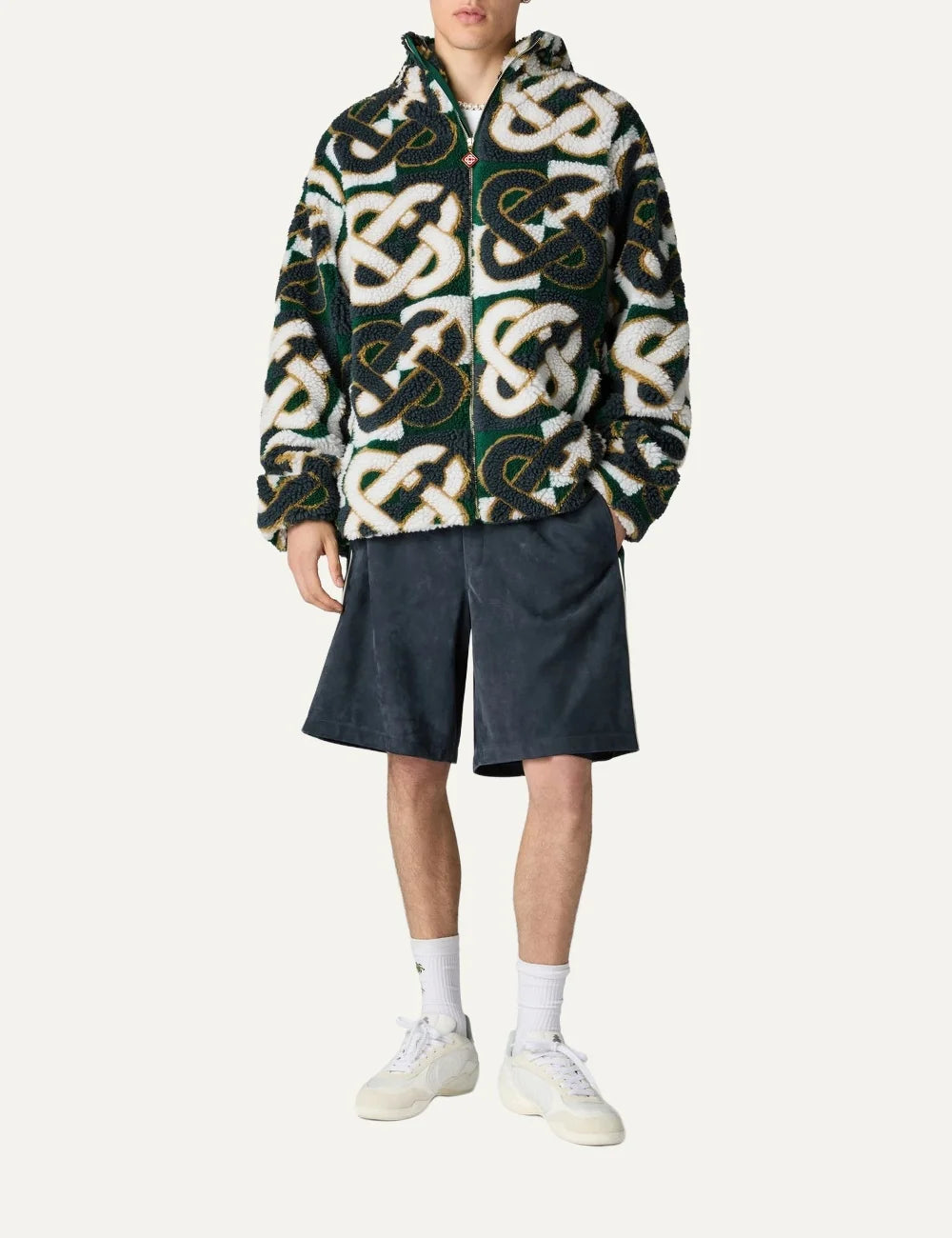 Casablanca men's green, navy and white hooded fleece jacket with oversized check monogram pattern, plush texture and front zip closure full body