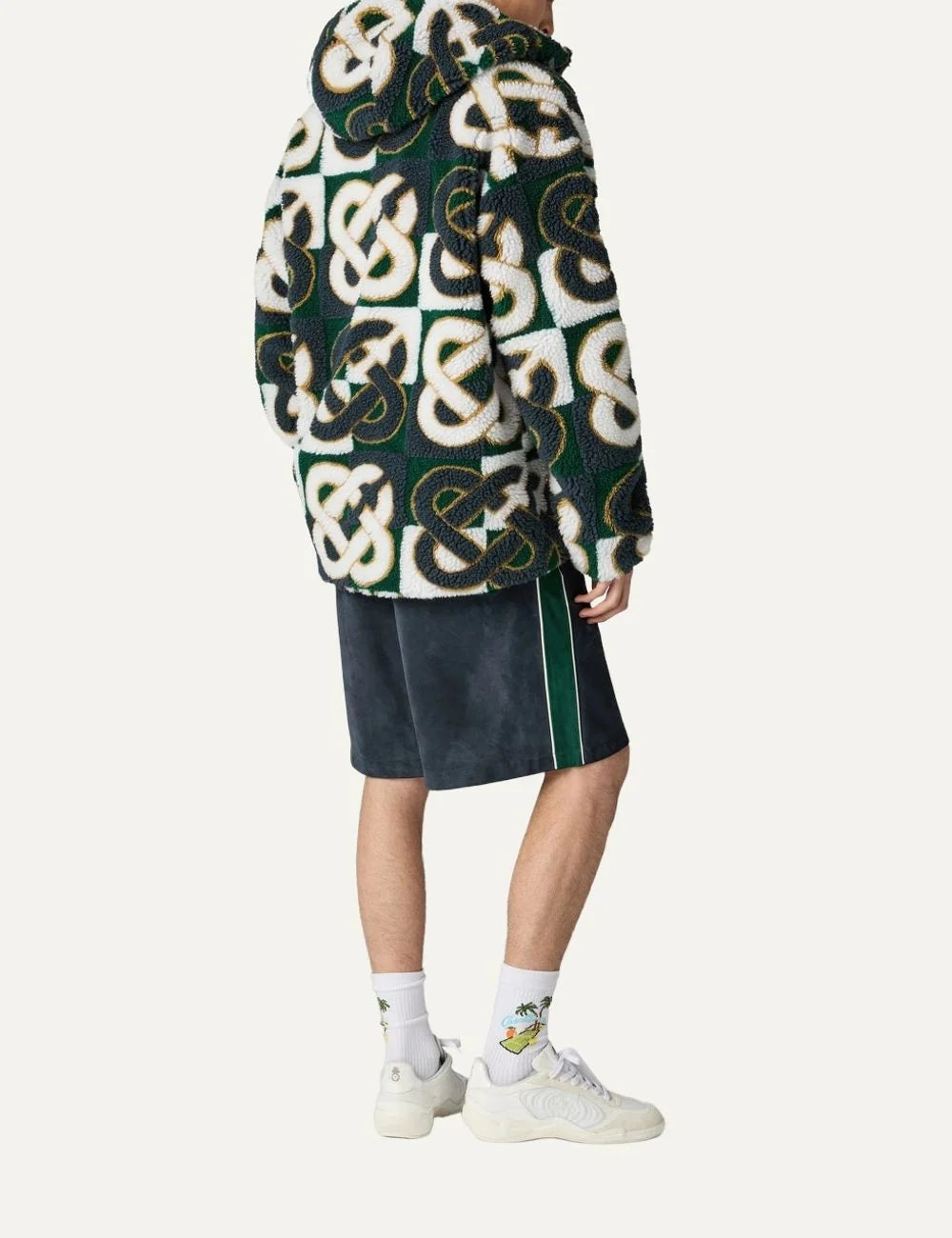 Casablanca men's green, navy and white hooded fleece jacket with oversized check monogram pattern, plush texture and front zip closure side