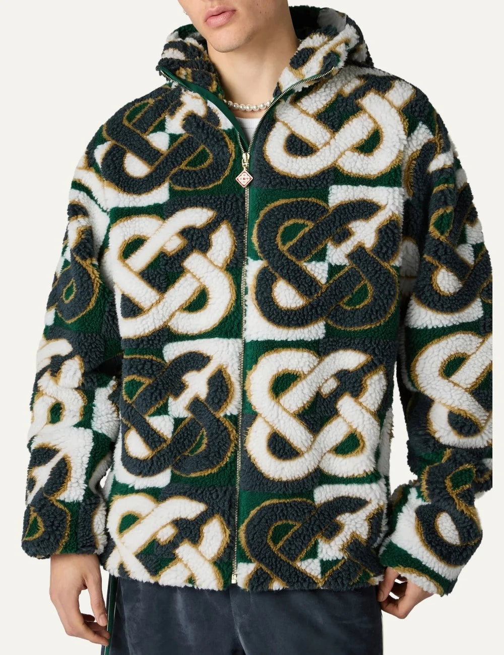 Casablanca men's green, navy and white hooded fleece jacket with oversized check monogram pattern, plush texture and front zip closure model