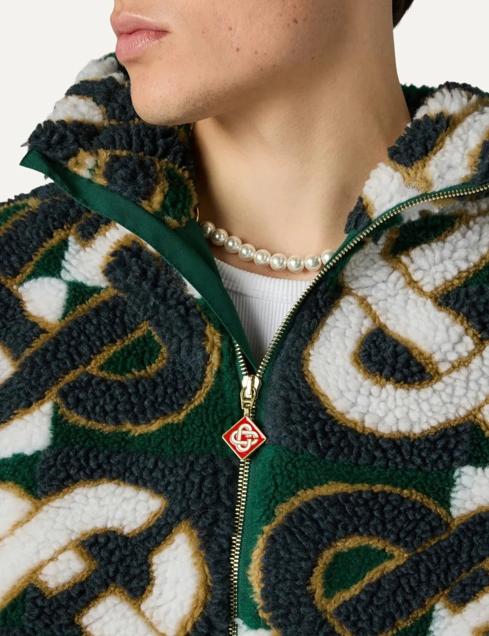 Casablanca men's green, navy and white hooded fleece jacket with oversized check monogram pattern, plush texture and front zip closure detail