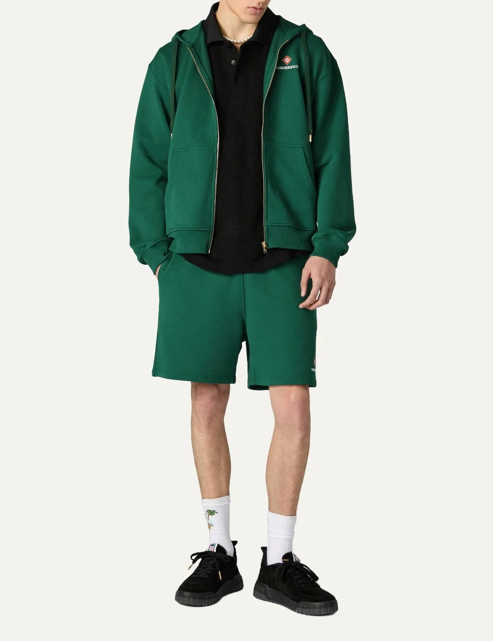 Casablanca men's green organic cotton zip-up hoodie with logo full body