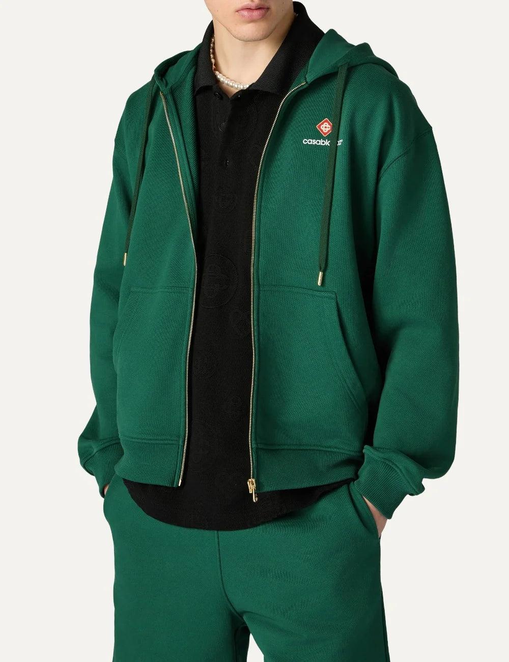 Casablanca men's green organic cotton zip-up hoodie with logo model