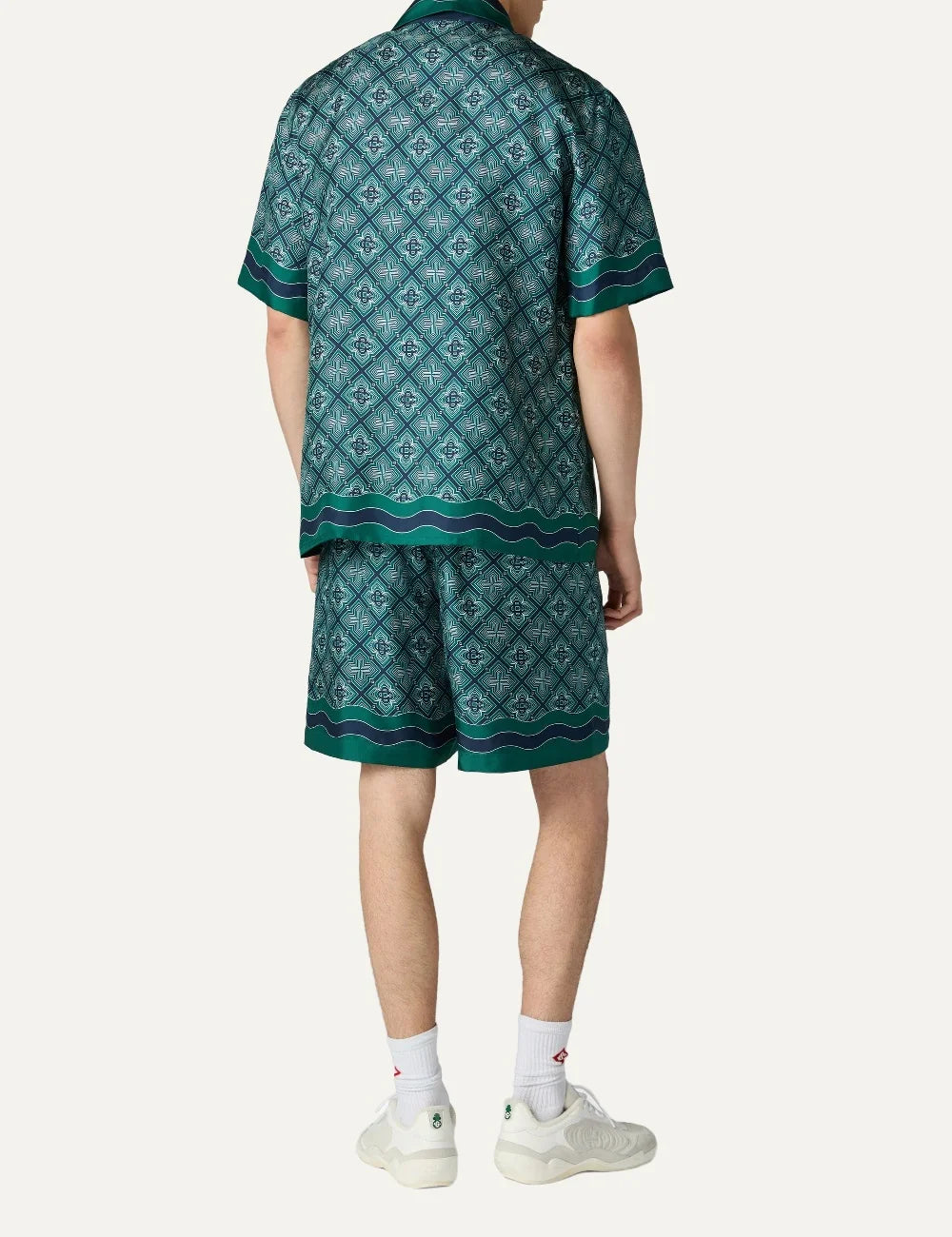 Casablanca men's green silk shorts with Radiating Monogram print back