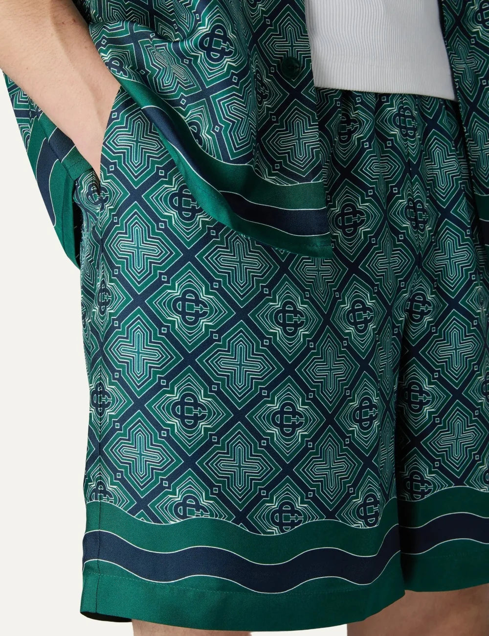 Casablanca men's green silk shorts with Radiating Monogram print detail