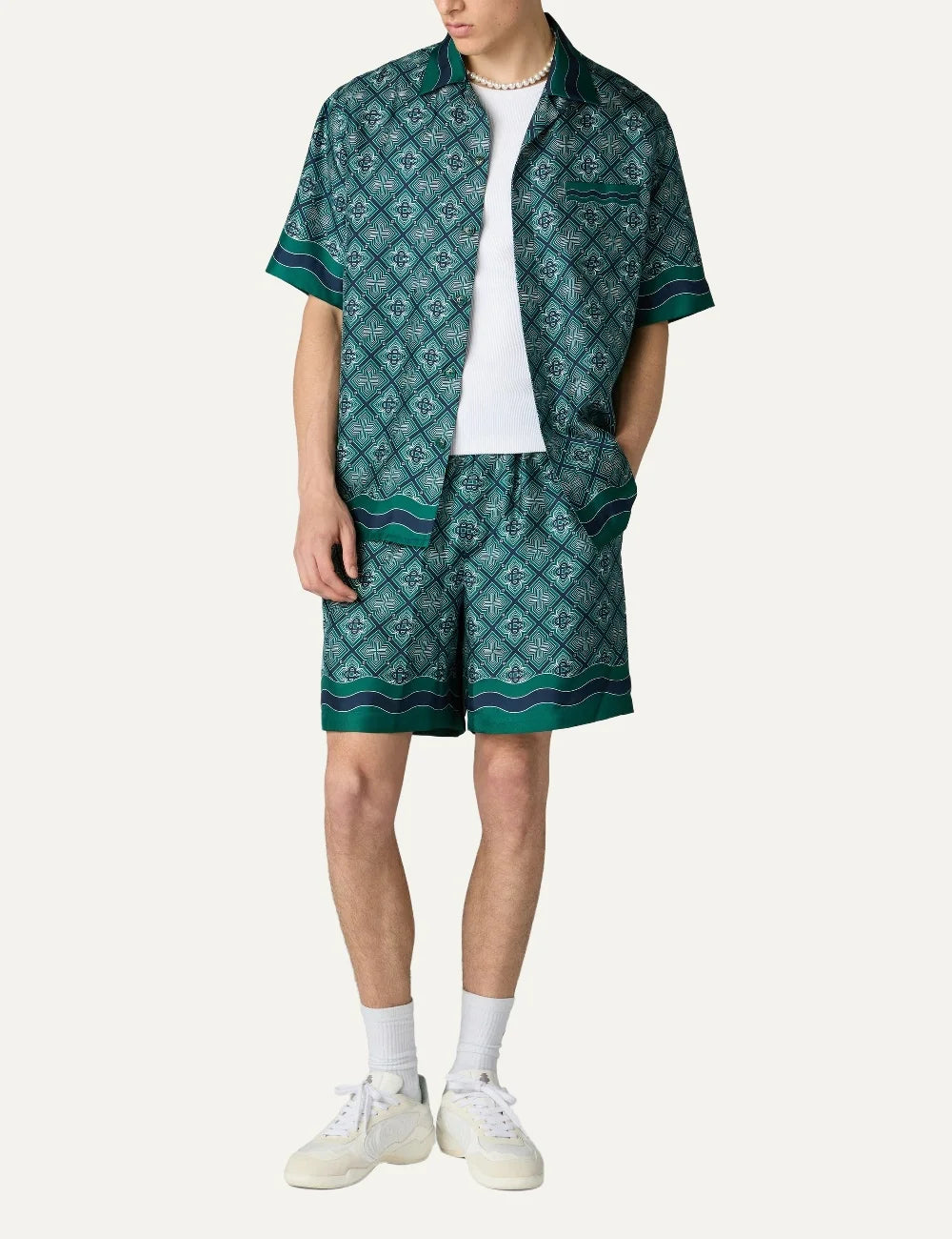 Casablanca men's green silk shorts with Radiating Monogram print full body