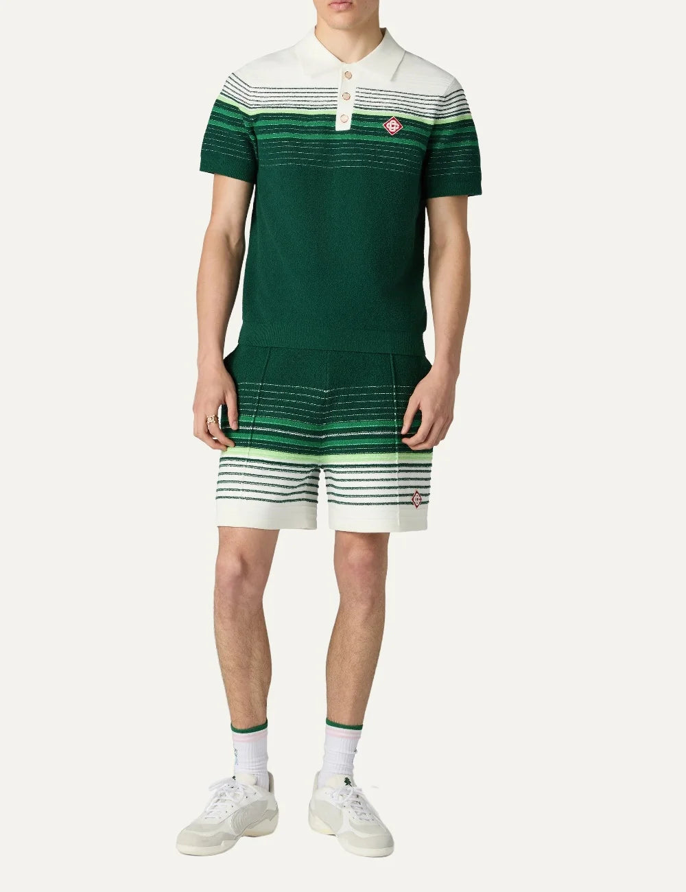Casablanca men's green and white cotton blend striped polo shirt full body