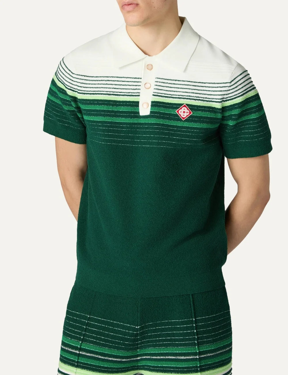 Casablanca men's green and white cotton blend striped polo shirt model
