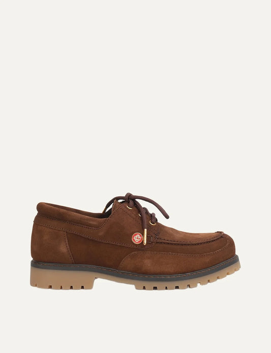 Casablanca Hideki men's brown suede boat loafers with lace-up fastening, gold-tone logo details, moc toe stitching and chunky beige rubber lug sole.