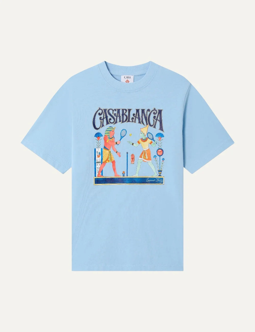 Casablanca men's light blue organic cotton T-shirt with Egyptian tennis graphic