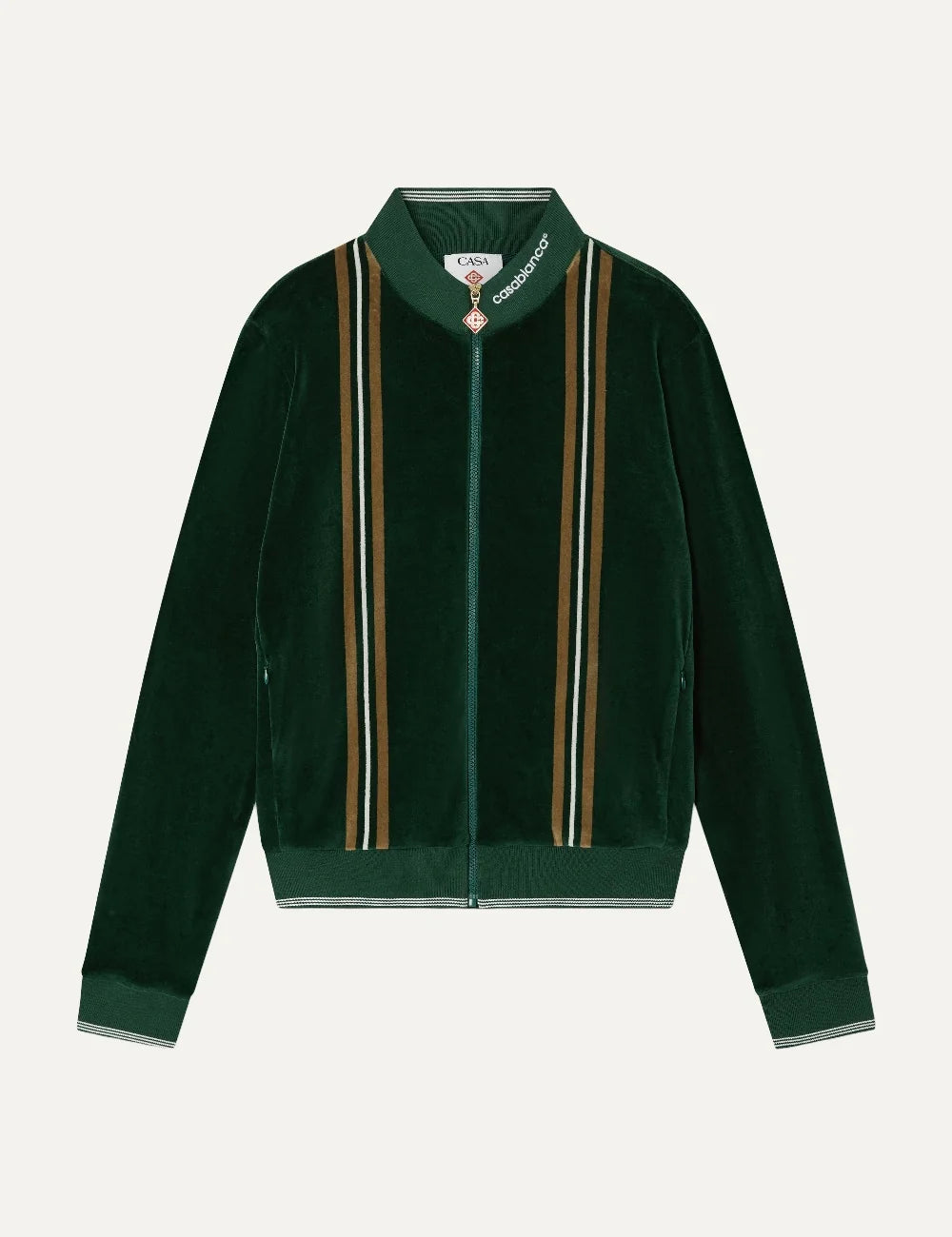 Casablanca men's green velour track jacket with brown and off-white stripes