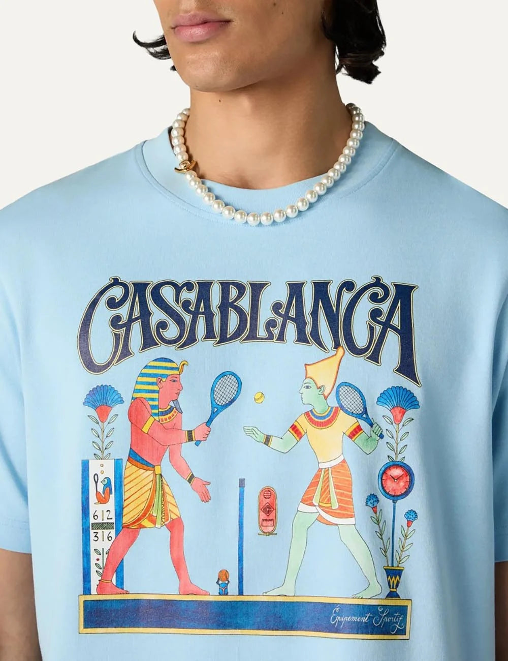 Casablanca men's light blue organic cotton T-shirt with Egyptian tennis graphic detail