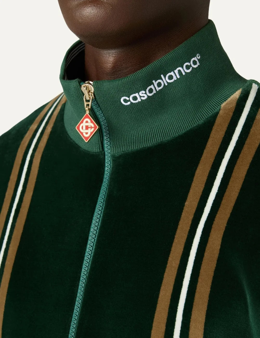 Casablanca men's green velour track jacket with brown and off-white stripes detail