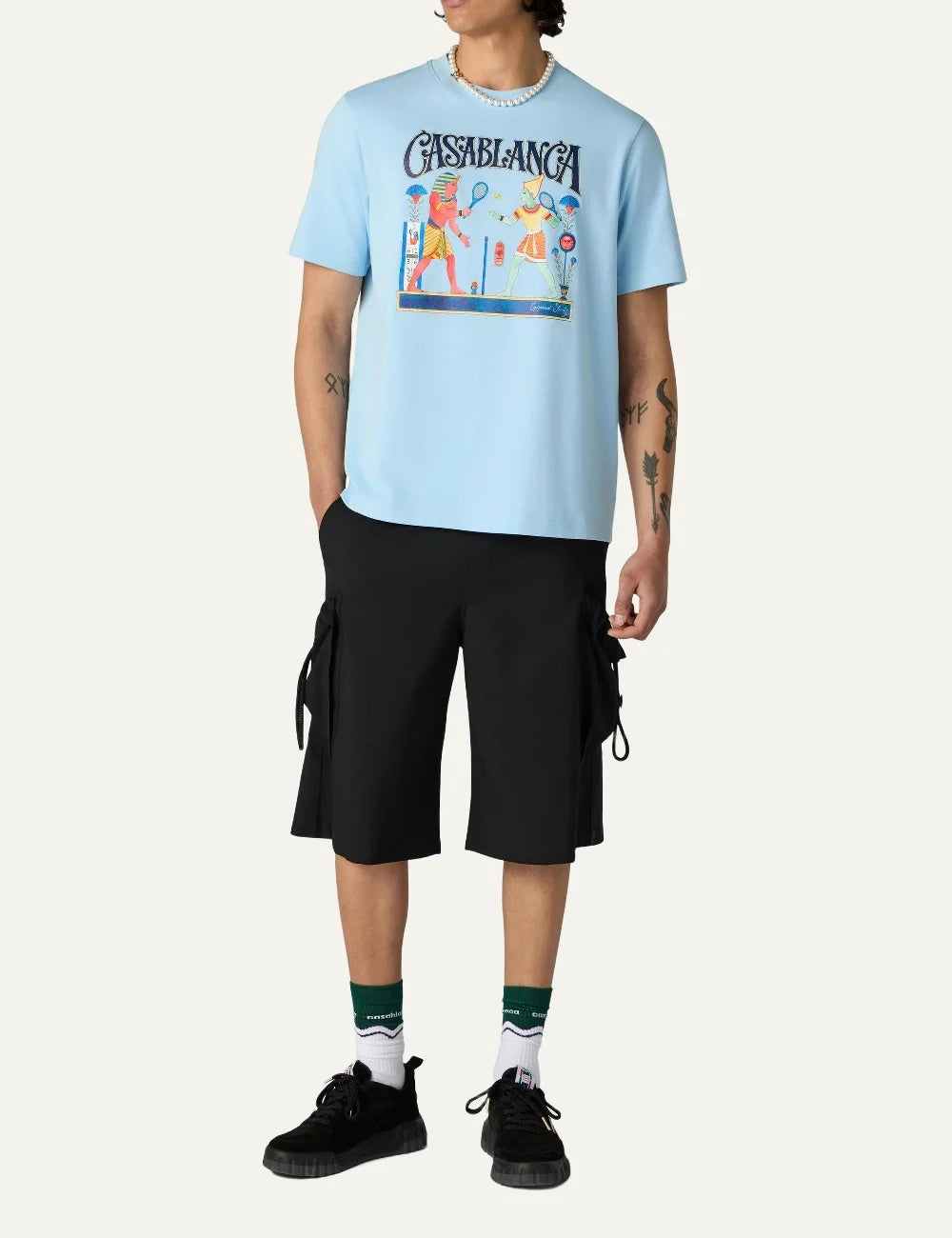 Casablanca men's light blue organic cotton T-shirt with Egyptian tennis graphic full body