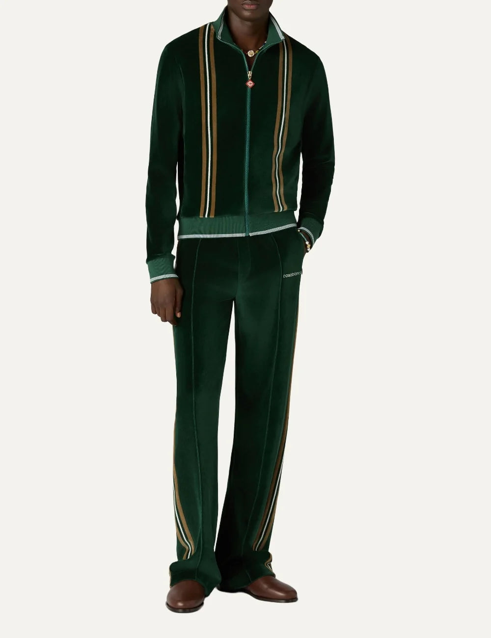 Casablanca men's green velour track jacket with brown and off-white stripes full body