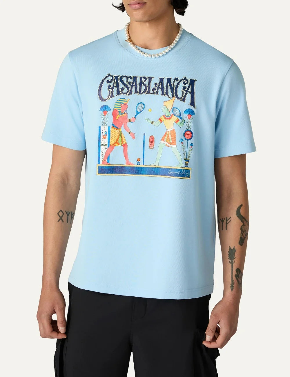 Casablanca men's light blue organic cotton T-shirt with Egyptian tennis graphic model