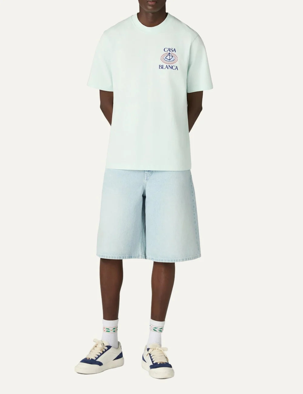 Casablanca men's light blue organic cotton T-shirt with pyramid graphic print full body