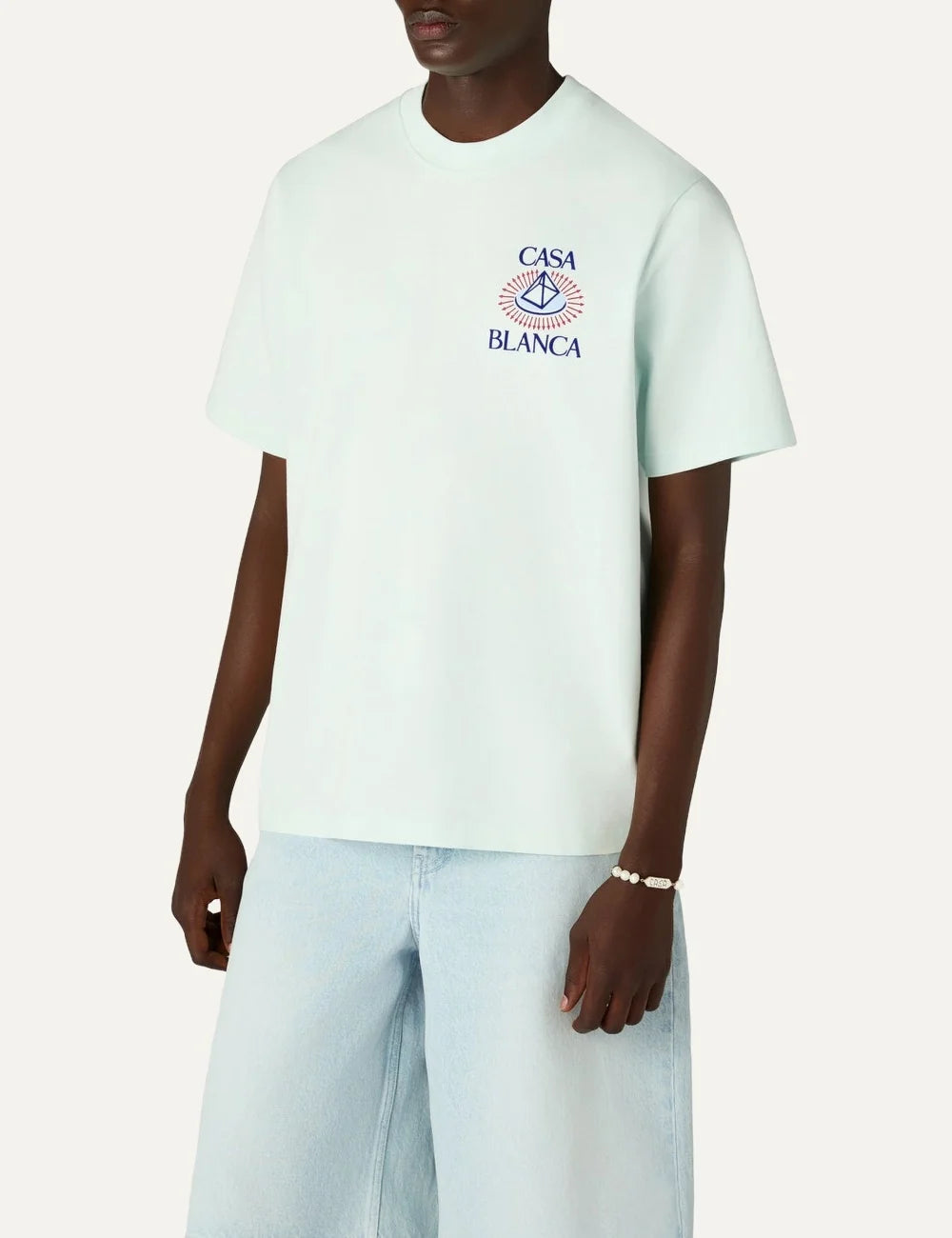 Casablanca men's light blue organic cotton T-shirt with pyramid graphic print model