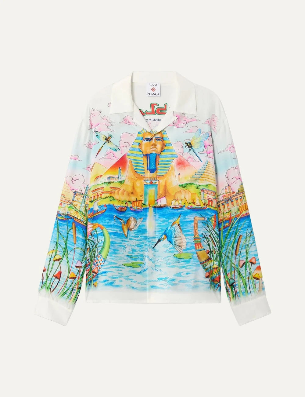Casablanca men's multicolour long-sleeve linen-blend shirt with Egypt As It Was print, featuring the Sphinx, pyramids, birds and vibrant blue water.