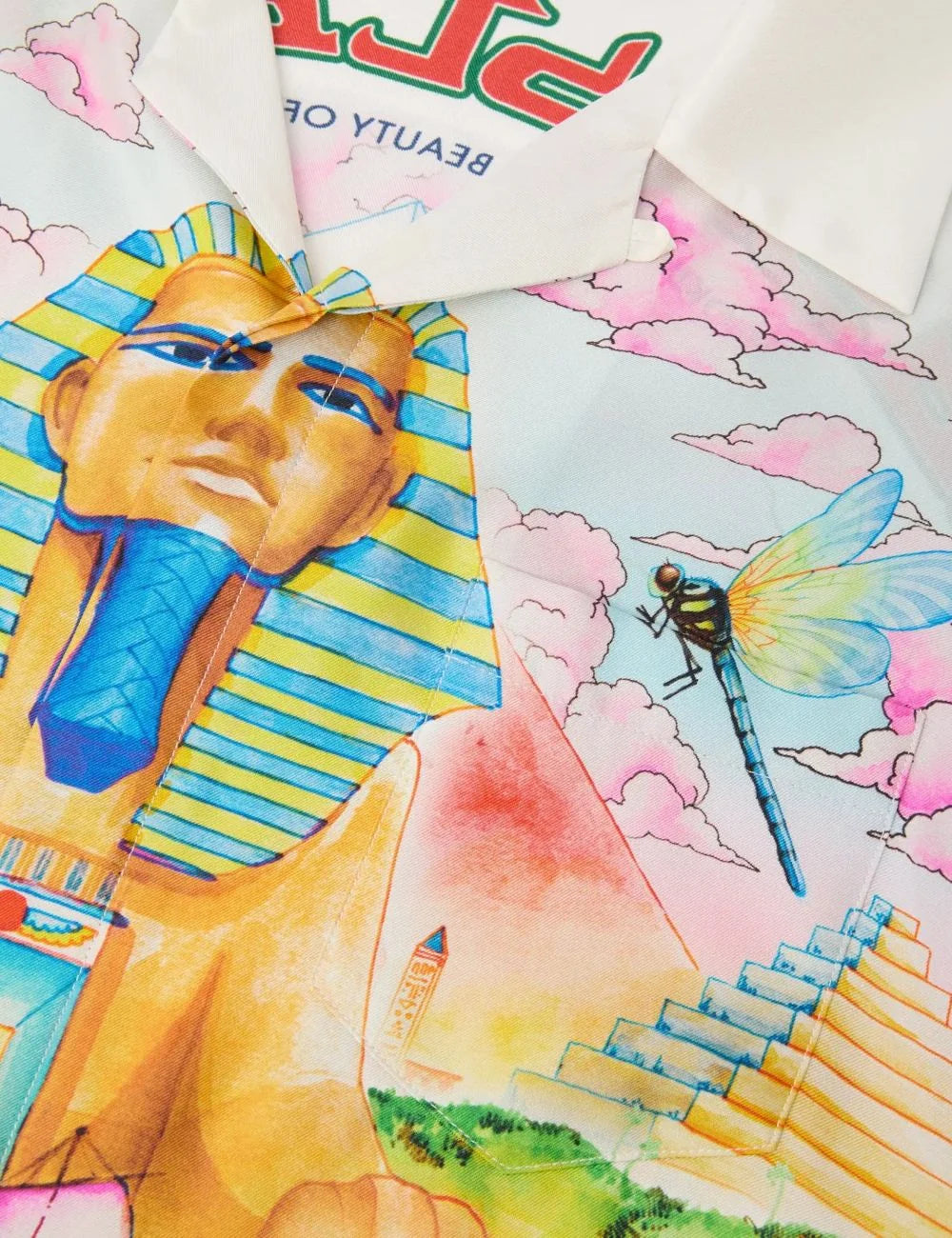 Casablanca men's multicolour long-sleeve linen-blend shirt with Egypt As It Was print, featuring the Sphinx, pyramids, birds and vibrant blue water detail