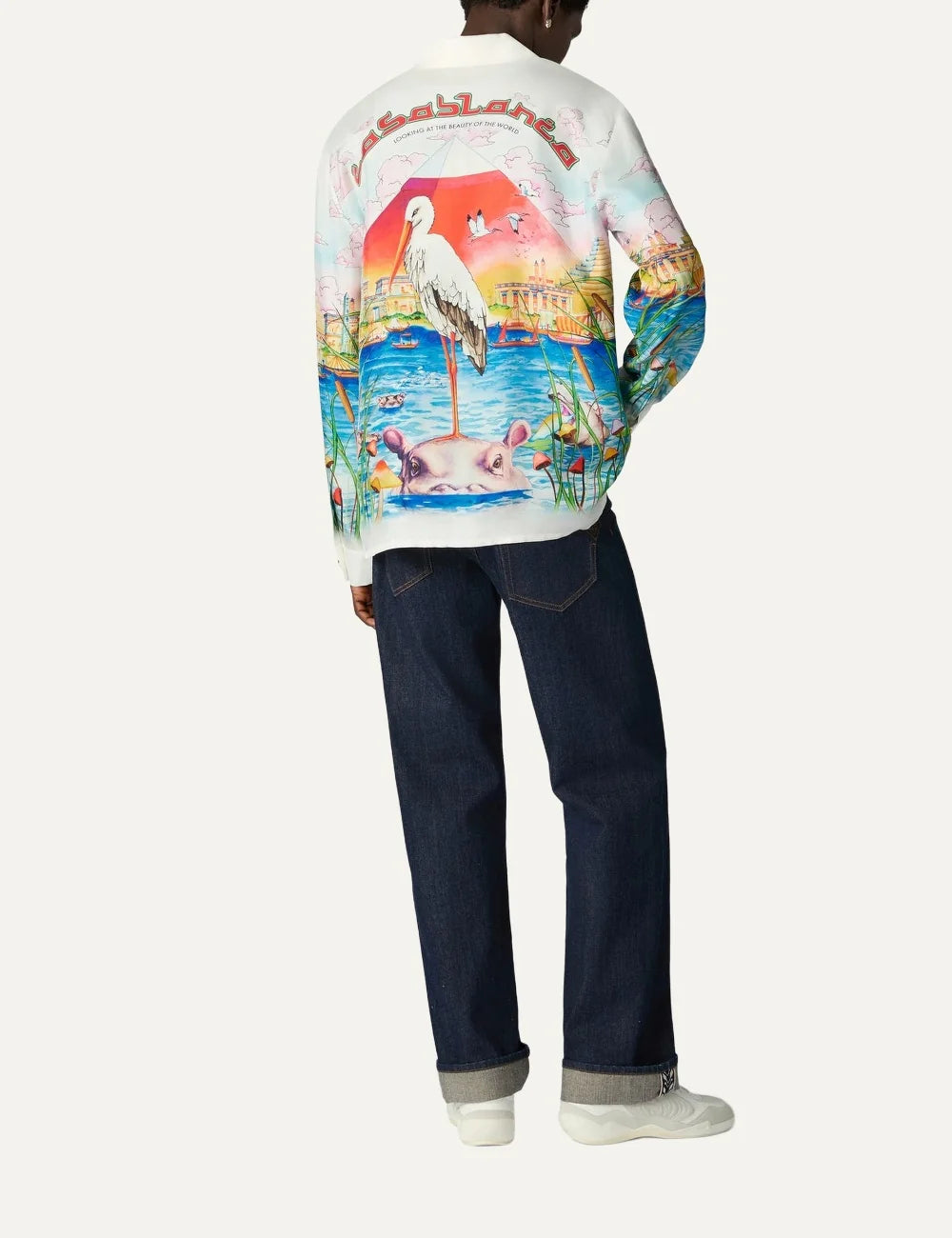 Casablanca men's multicolour long-sleeve linen-blend shirt with Egypt As It Was print, featuring the Sphinx, pyramids, birds and vibrant blue water back