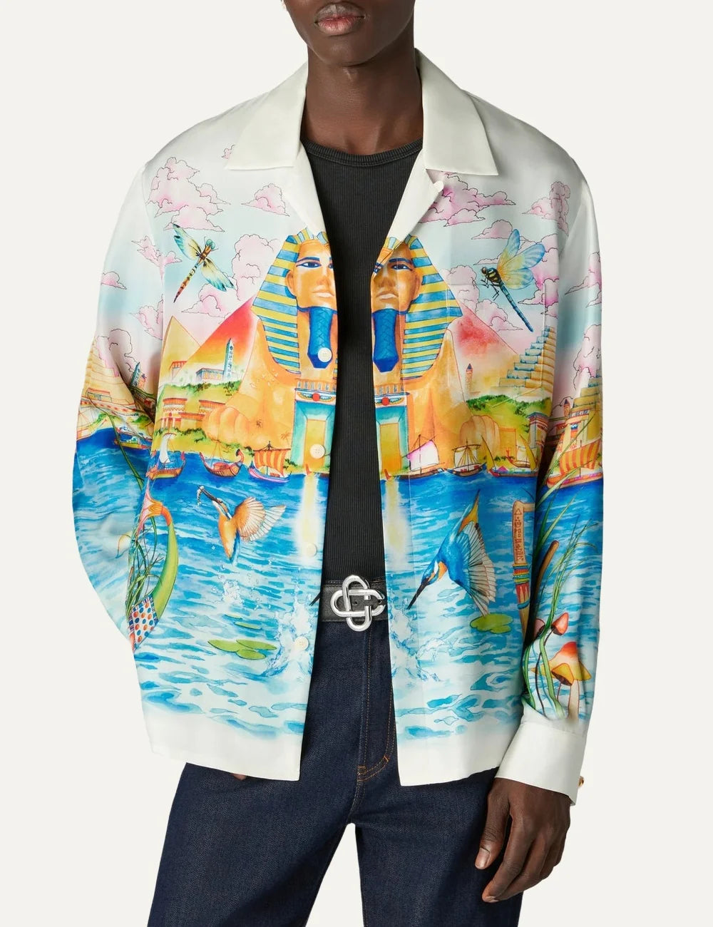 Casablanca men's multicolour long-sleeve linen-blend shirt with Egypt As It Was print, featuring the Sphinx, pyramids, birds and vibrant blue water model