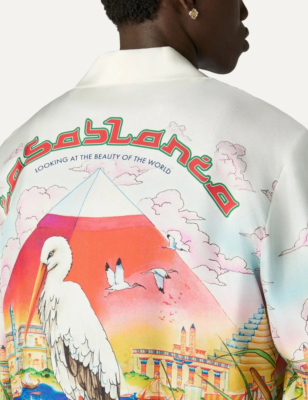 Casablanca men's multicolour long-sleeve linen-blend shirt with Egypt As It Was print, featuring the Sphinx, pyramids, birds and vibrant blue water back